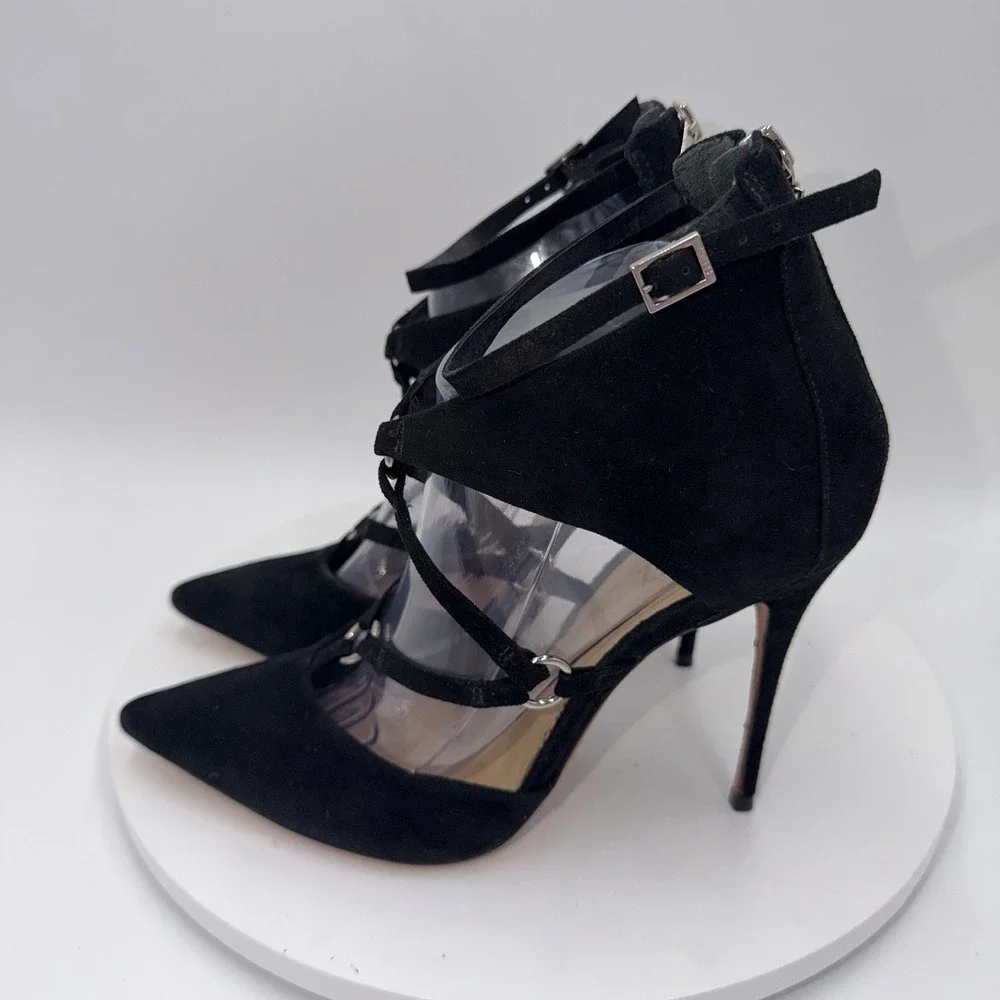 Schutz Black Dezi Strappy Suede Point Toe Stiletto Pumps Women's Size 9B